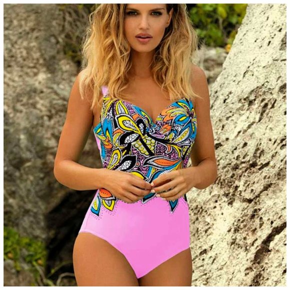 Sexy Print One Piece Swimsuit Closed Push Up Women Floral Pink Vintage Style NEW - Picture 1 of 4